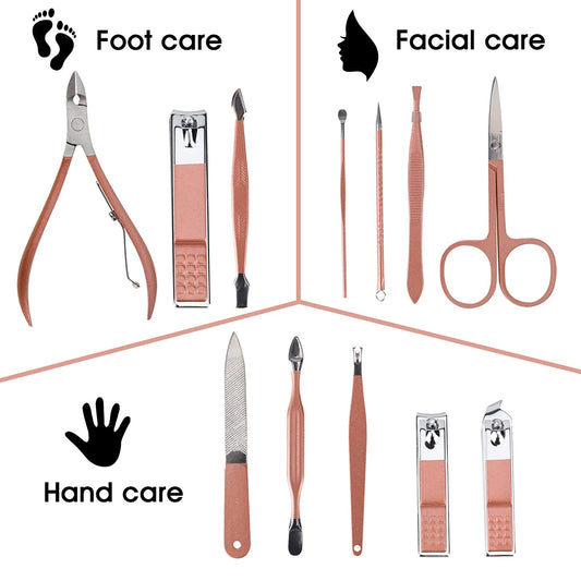 MFW Nail Clippers and Beauty Tool Portable Set, Rose Gold Martensitic Stainless Steel Manicure Set 12 in 1, with Pink Leather Bag, Suitable for Home, Workplace, Outdoor Travel, Gift Giving, Beauty Salon