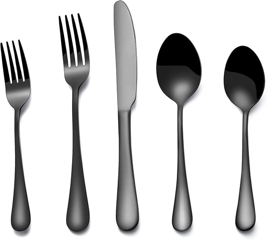 MFW Silverware Flatware Cultery Set, MFW 20-piece Stainless Steel Tableware Eating Utensil Set for 4, Include Spoons Forks Knives, Mirror finish, Dishwasher Safe-Black