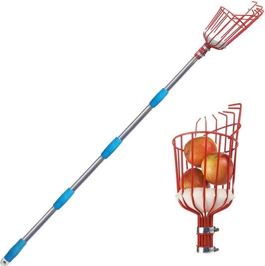 MFW Fruit Picker Tool- Height Adjustable Fruit Picker with Big Basket - 8 ft Apple Orange Pear Picker with Light-Weight Stainless Steel Pole and Extra Fruit Carrying Bag for Getting Fruits(8 FT)