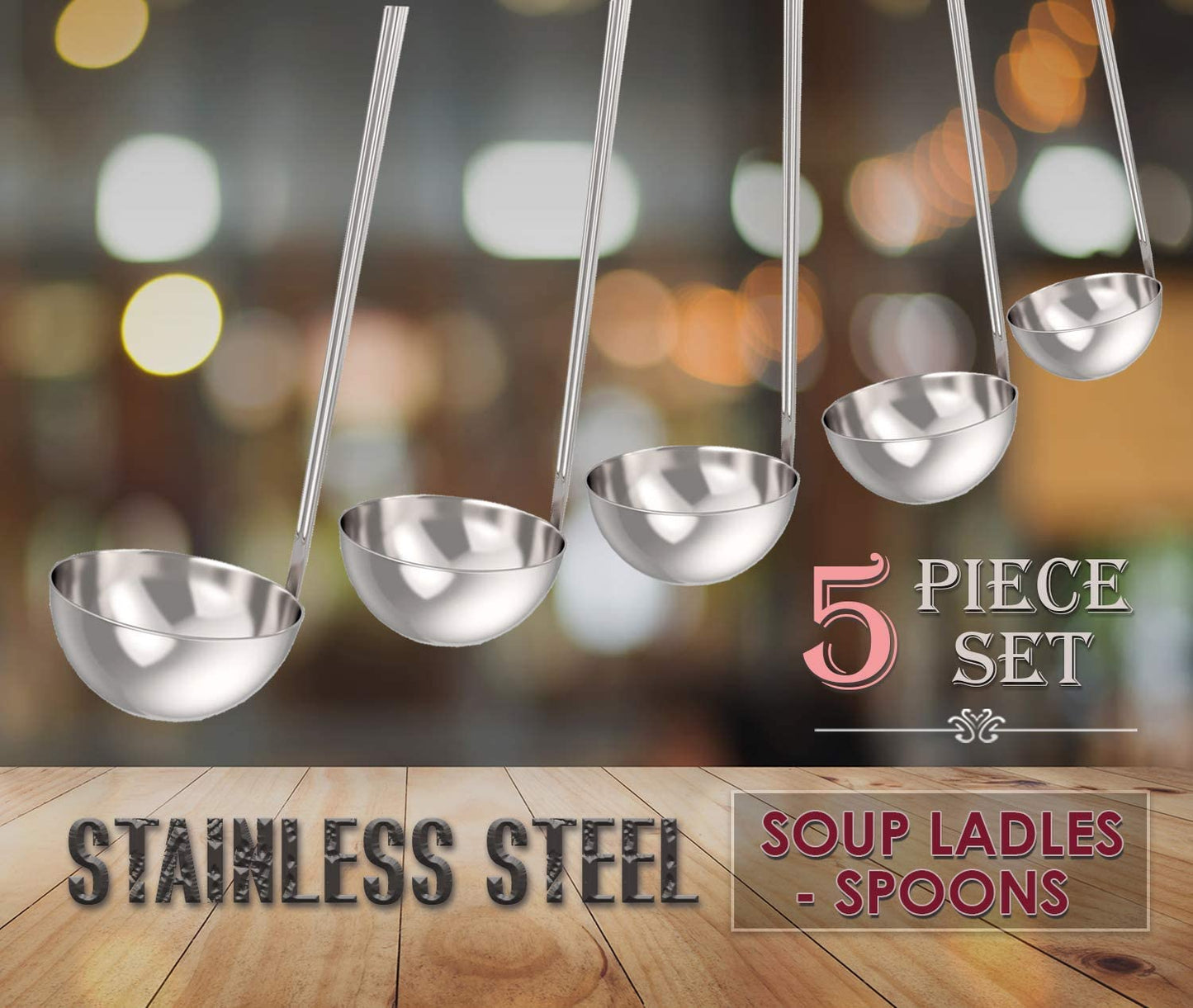MFW Soup Ladle and Ladle Spoon Set of 5 - Includes 0.5 oz, 2oz, 4oz, 6oz and 8oz ladles and Spoons, Made from Stainless Steel, Small Ladled and Big Spoon Sizes.