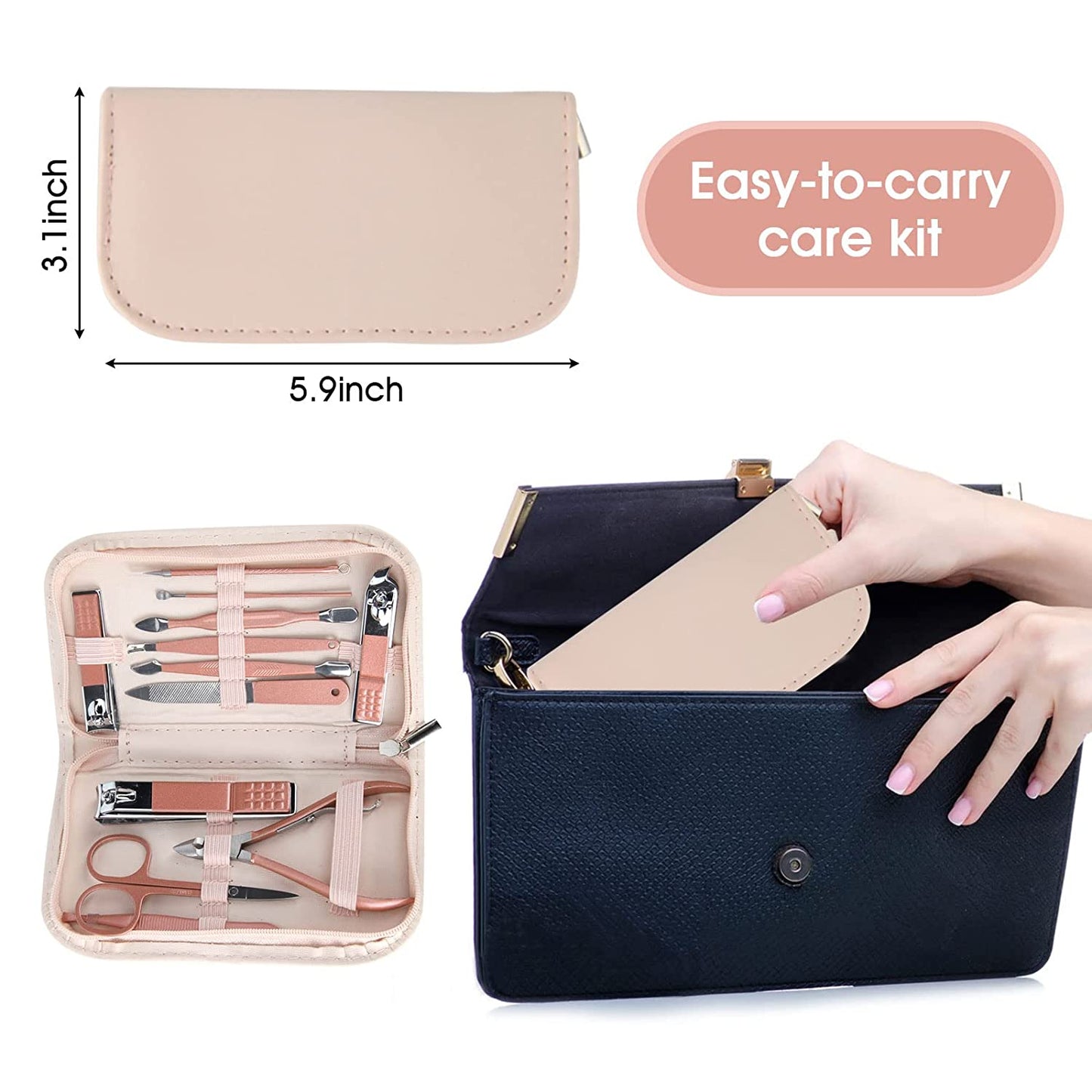 MFW Nail Clippers and Beauty Tool Portable Set, Rose Gold Martensitic Stainless Steel Manicure Set 12 in 1, with Pink Leather Bag, Suitable for Home, Workplace, Outdoor Travel, Gift Giving, Beauty Salon