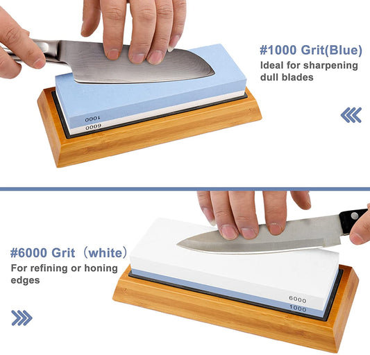 MFW Toolly Knife Sharpening Stone Set, 1000 6000 Grits Double-Sided Waterstone Kit with Angle Guide, Flattening Stone & Leather Strop
