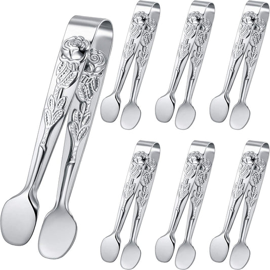 MFW 6 Pieces Rose Handle Sugar Tong Stainless Steel Mini Sugar Tong Cube Tongs Non-slip Appetizers Candy Serving Tongs for Coffee Tea Sugar Ice Cube Appetizer Kitchen Serving (Silver)
