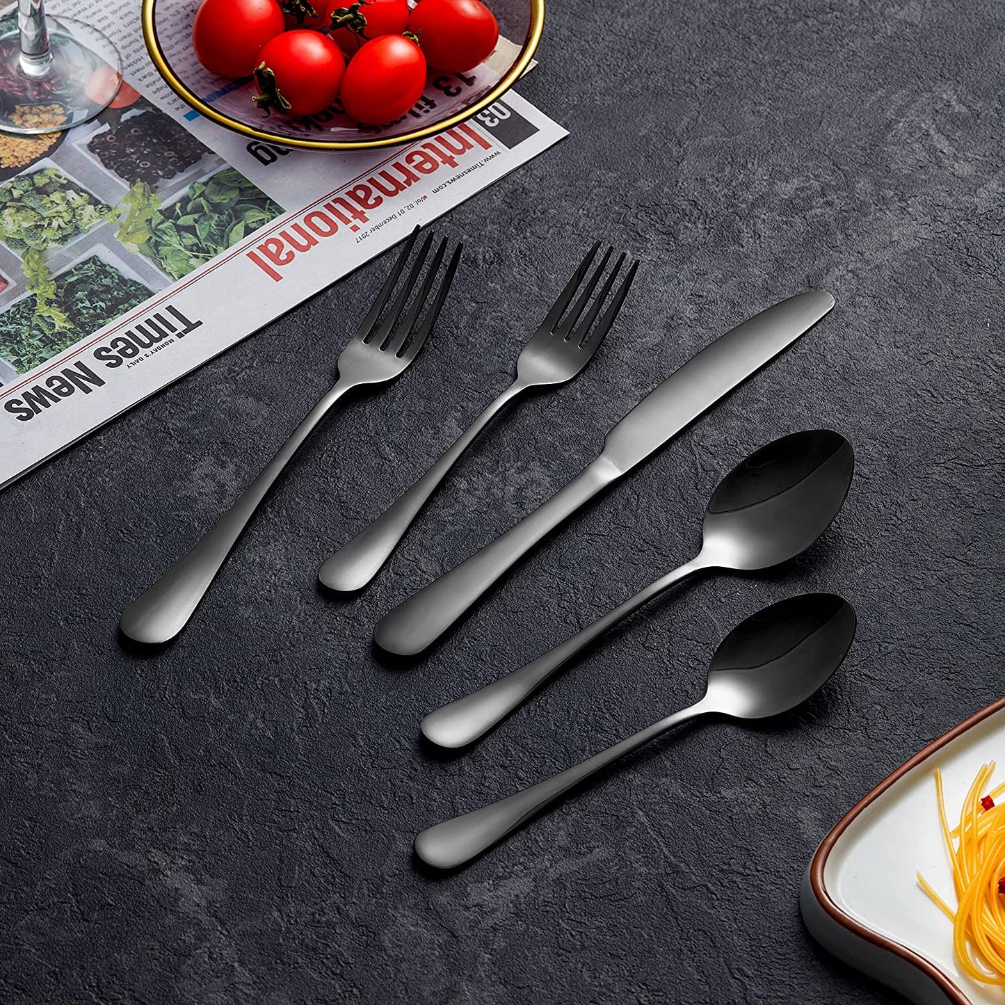 MFW Silverware Flatware Cultery Set, MFW 20-piece Stainless Steel Tableware Eating Utensil Set for 4, Include Spoons Forks Knives, Mirror finish, Dishwasher Safe-Black