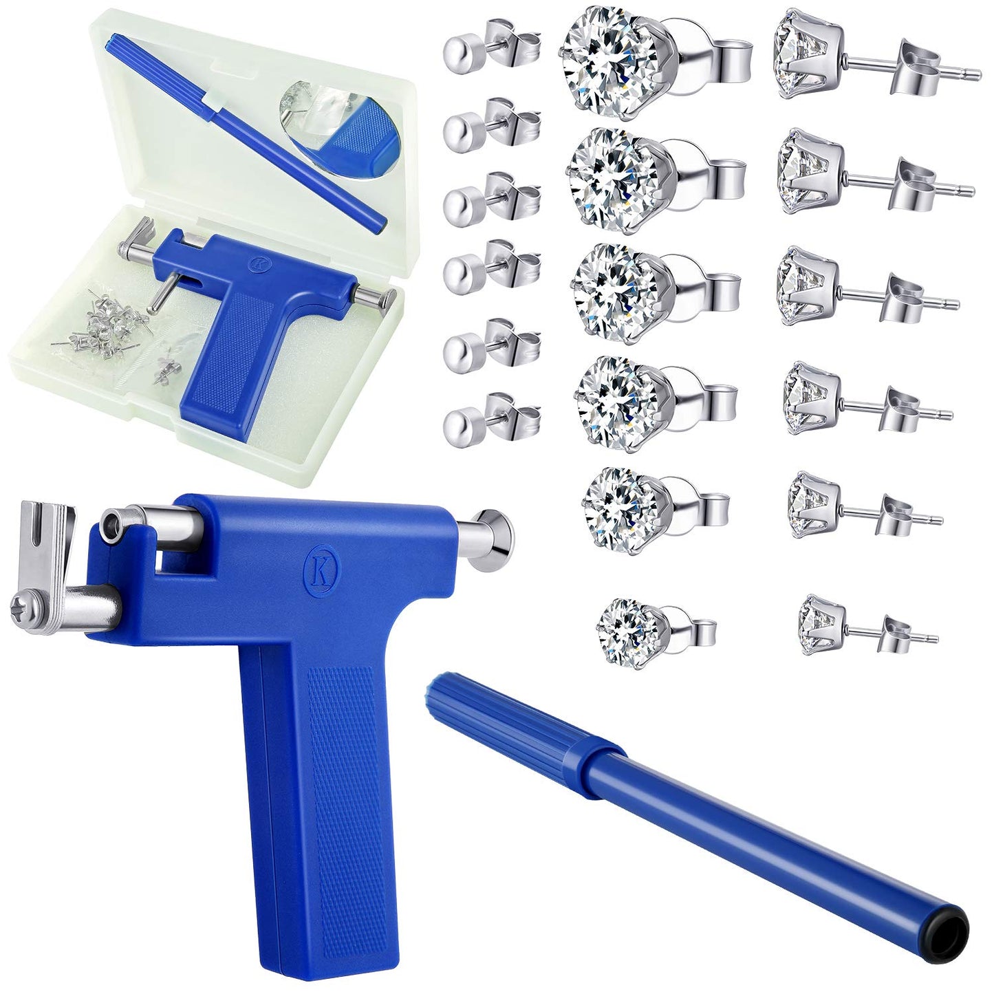 MFW Stainless Steel Body Ear Piercing Tool Set Ear Nose Navel Piercing Machines with 12 Pairs Stainless Steel Stud Earrings for Salon Home Use